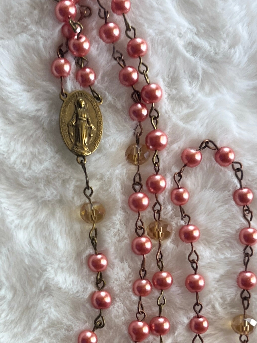 Coral Pink Pearlized Traditional Rosary - Antique Bronze Crucifix