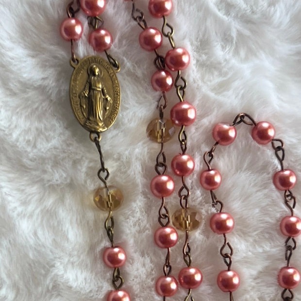 Coral Pink Pearlized Traditional Rosary - Antique Bronze Crucifix