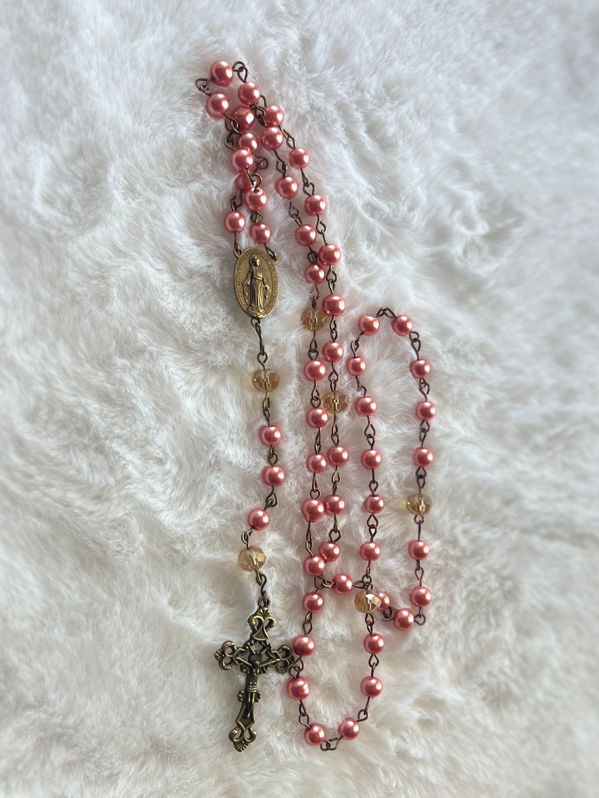 Coral Pink Pearlized Traditional Rosary - Antique Bronze Crucifix