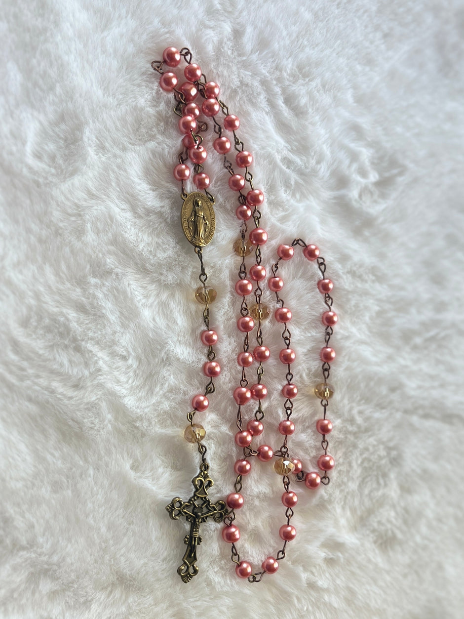 Coral Pink Pearlized Traditional Rosary - Antique Bronze Crucifix