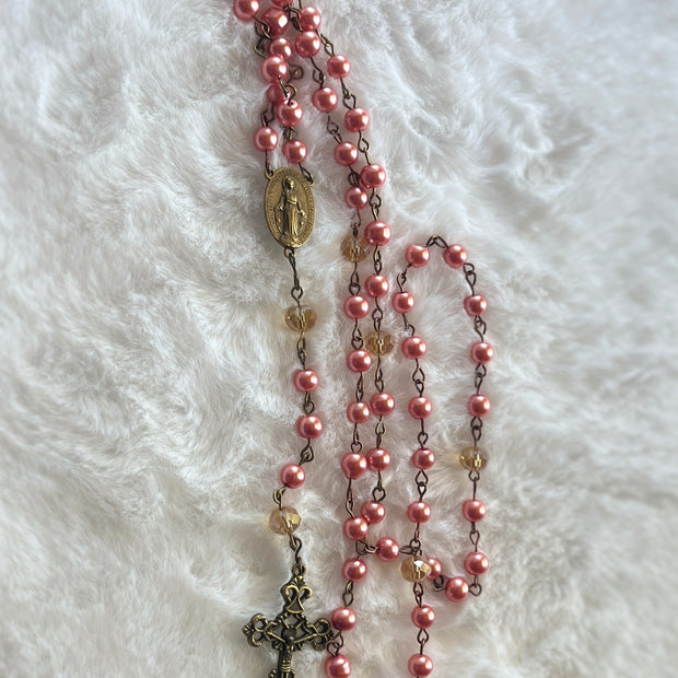 Coral Pink Pearlized Traditional Rosary - Antique Bronze Crucifix