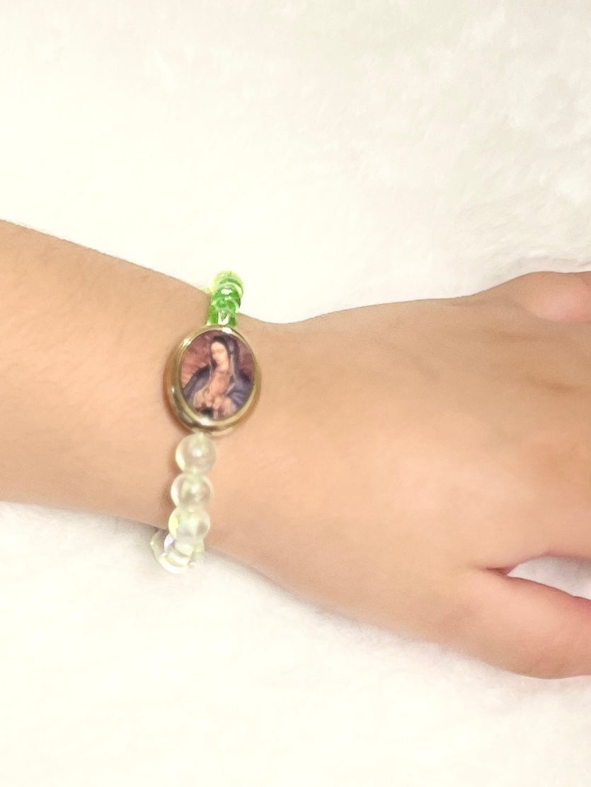 Mint & Frost Glass Stretch Rosary Bracelet - Guadalupe Medal
