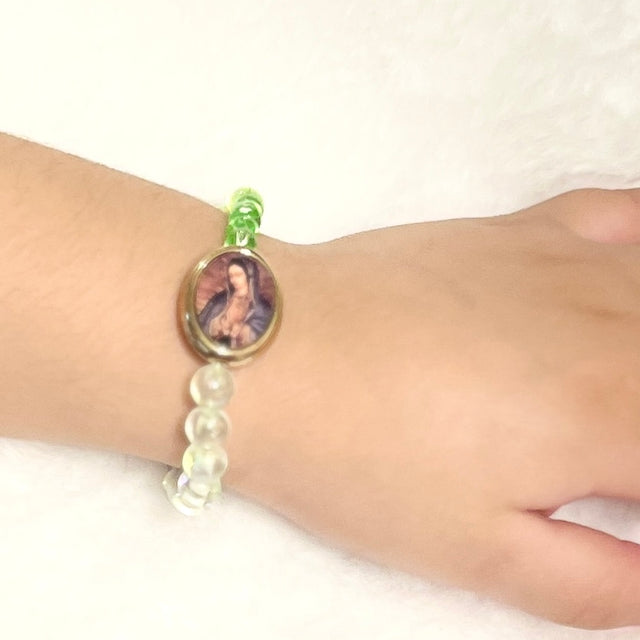 Mint & Frost Glass Stretch Rosary Bracelet - Guadalupe Medal