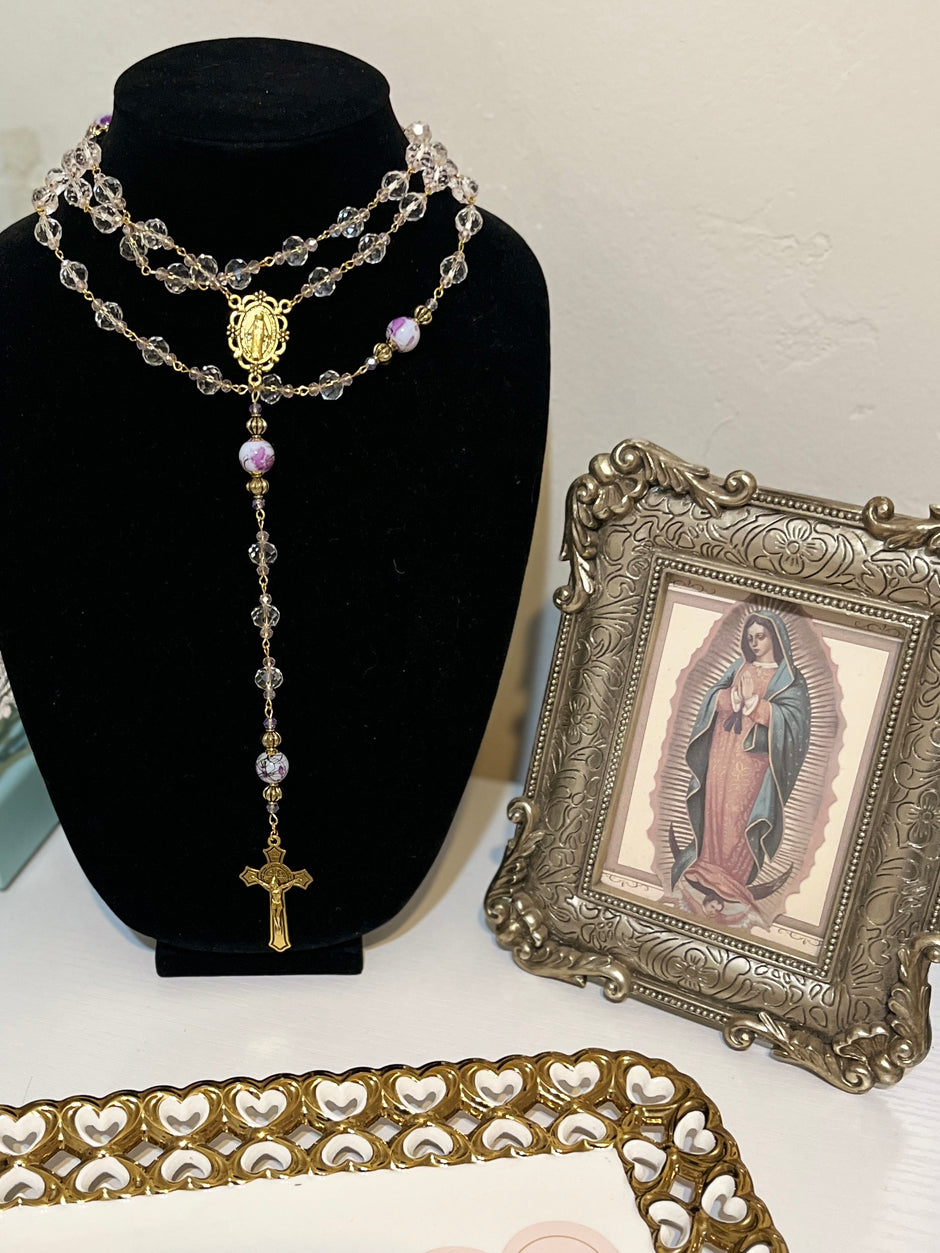 Clear Faceted Crystal & Purple Floral Porcelain Rosary