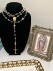 Clear Faceted Crystal & Purple Floral Porcelain Rosary