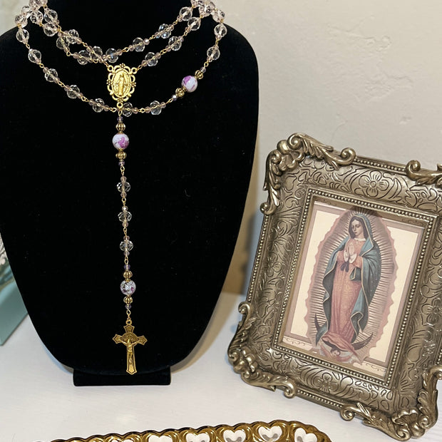 Clear Faceted Crystal & Purple Floral Porcelain Rosary