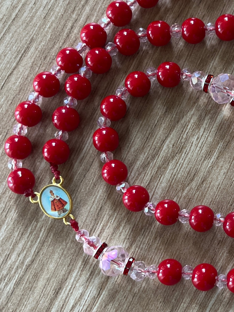 Vibrant Red Glass & Pink Crystal Traditional Rosary - Red Enamel Gold Cross