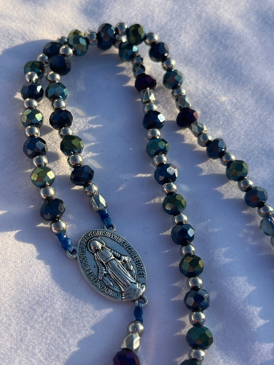 Iridescent Hematite Glass Rosary with Celtic Crucifix