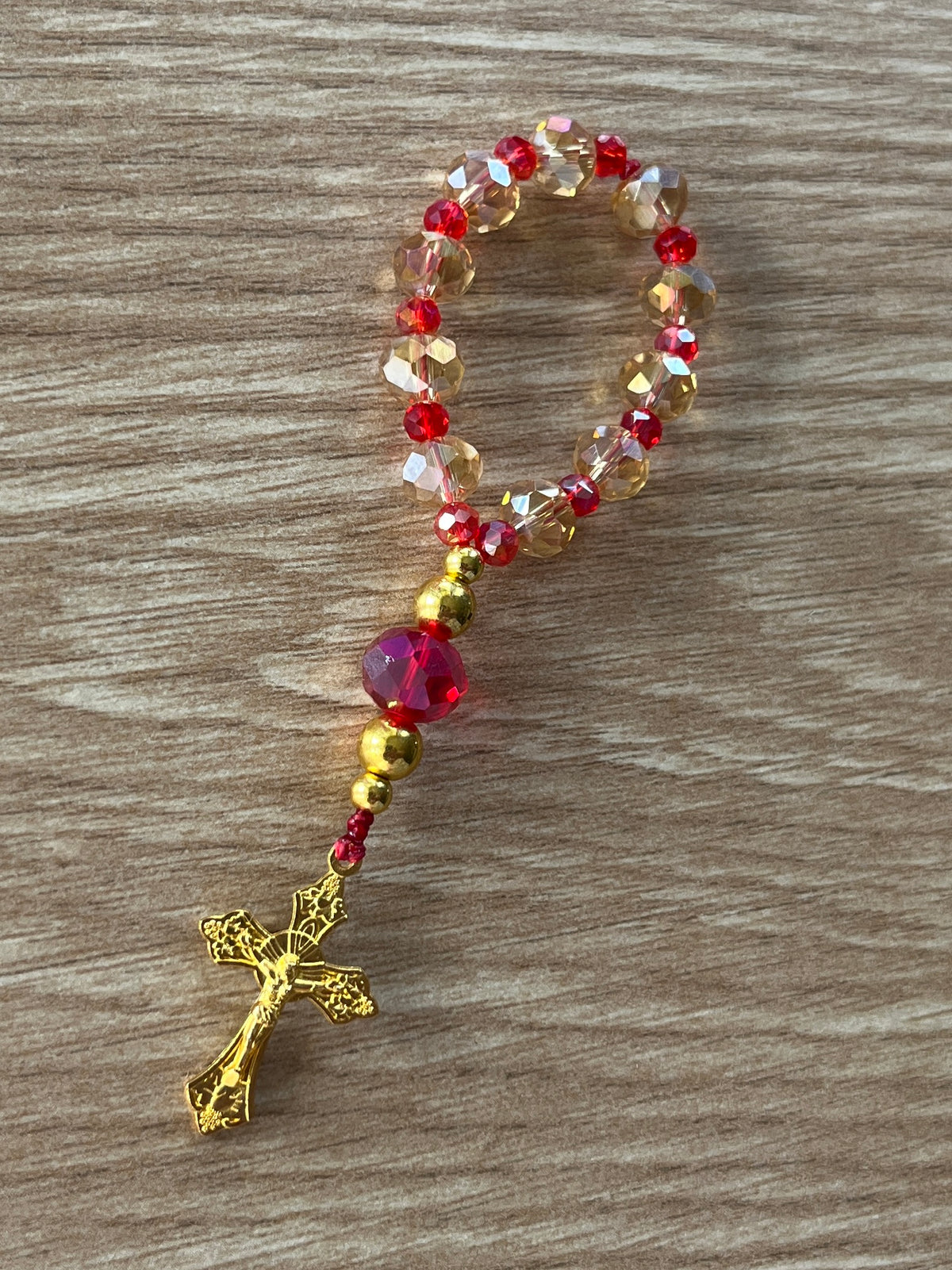 Champagne & Ruby Crystal Pocket Rosary - Gold Openwork Cross