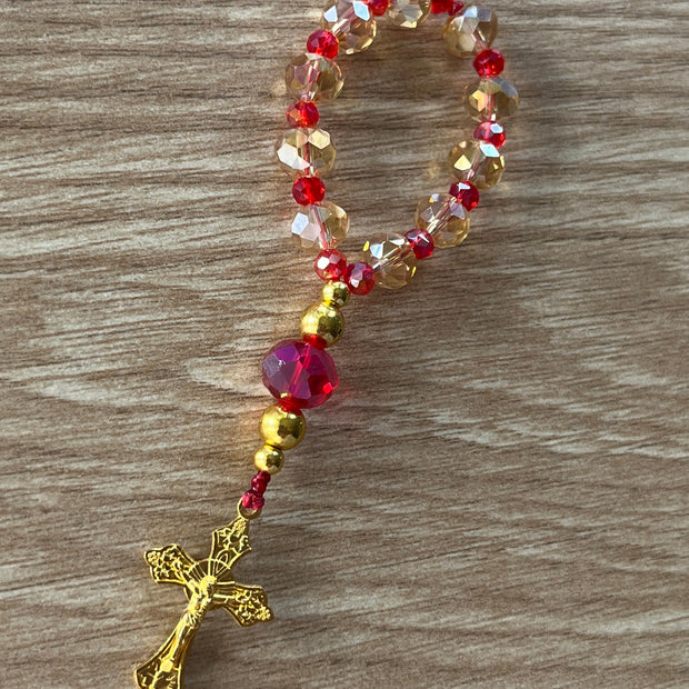 Champagne & Ruby Crystal Pocket Rosary - Gold Openwork Cross