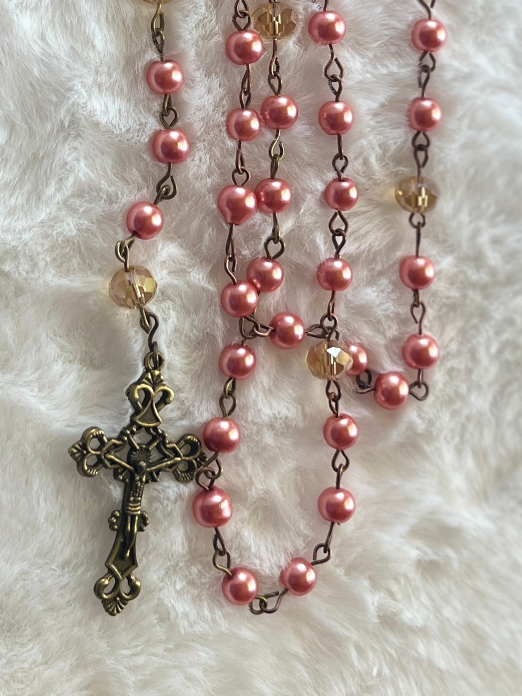 Coral Pink Pearlized Traditional Rosary - Antique Bronze Crucifix