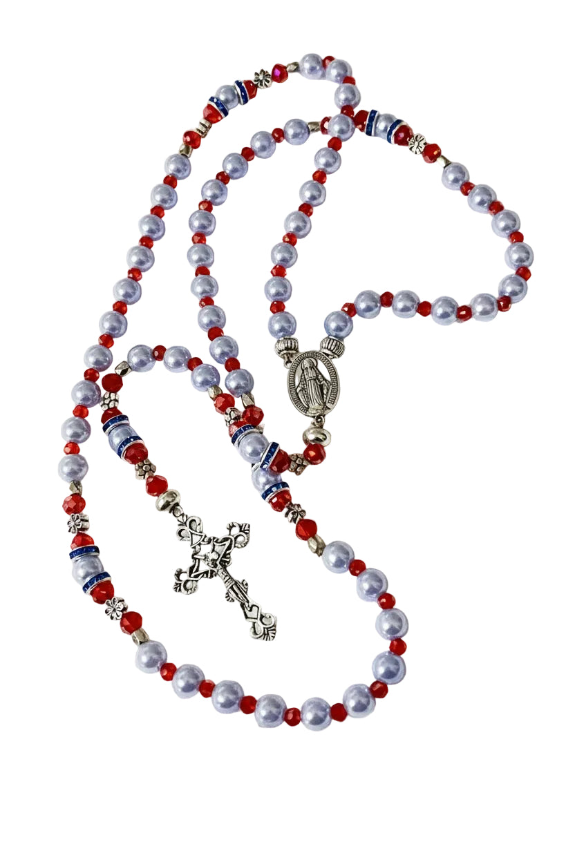 Baby Blue & Red Crystal Rosary - Miraculous Medal