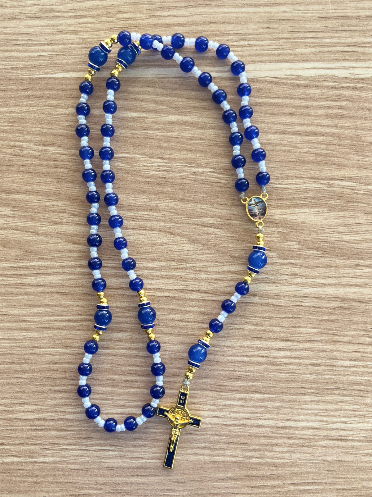 Cobalt Blue & White Glass Traditional Rosary - Blue Enamel Gold Cross