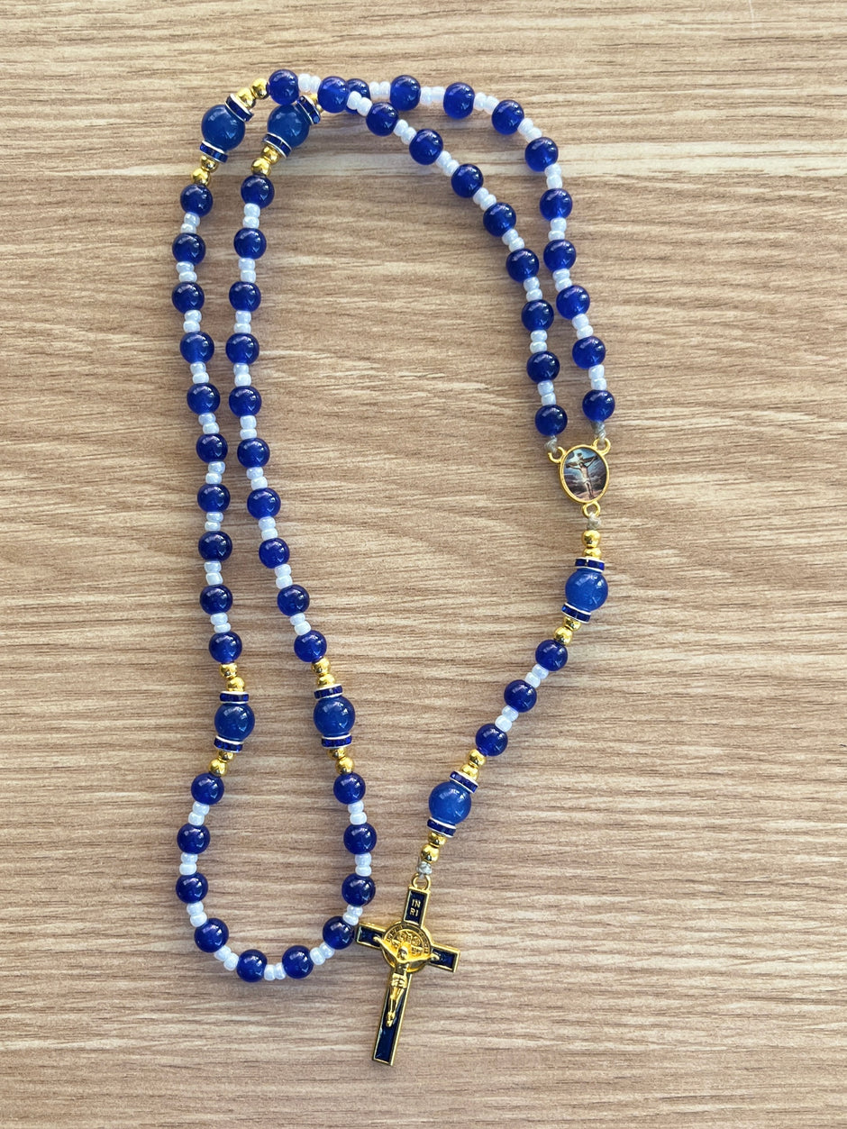 Cobalt Blue & White Glass Traditional Rosary - Blue Enamel Gold Cross