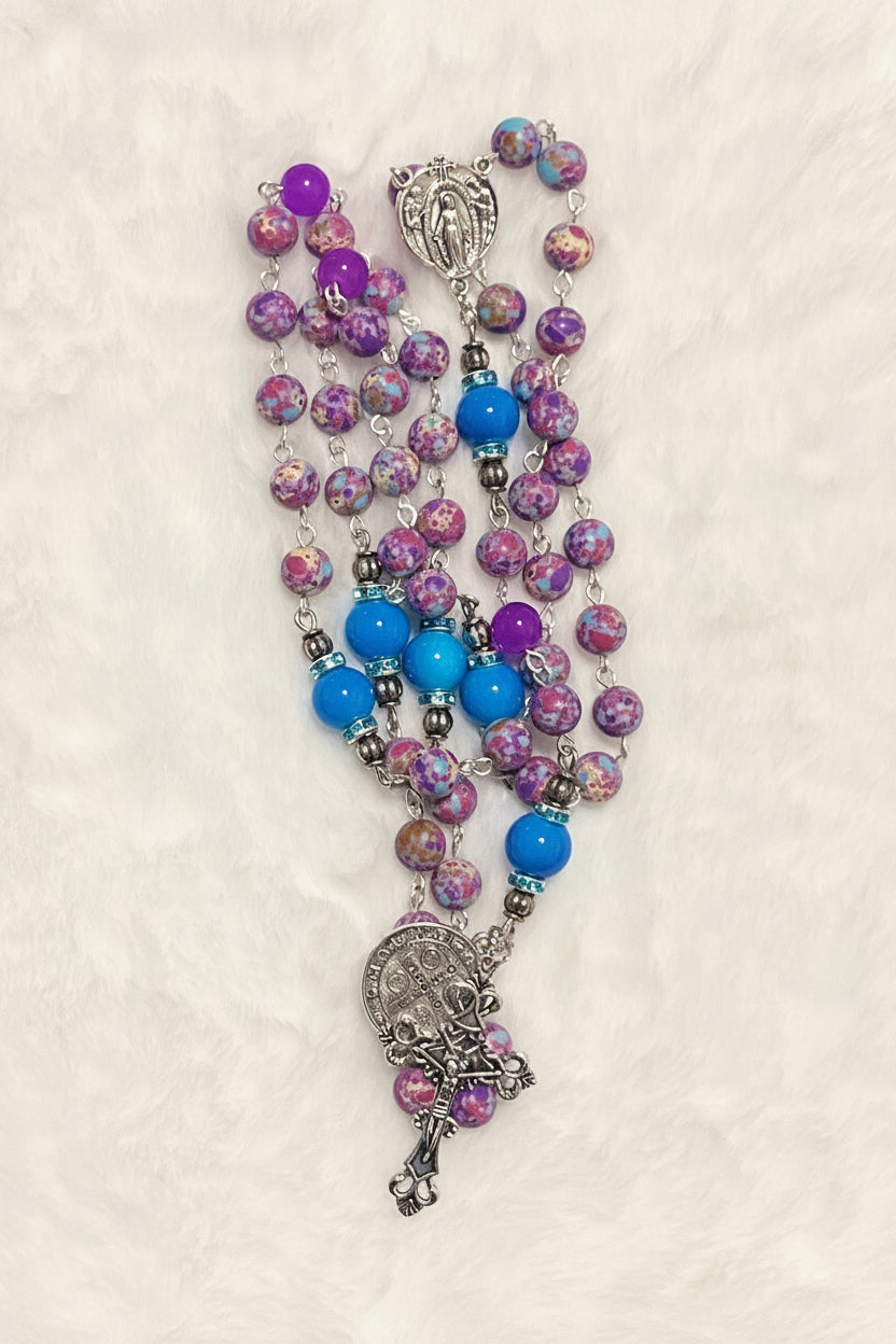 Purple Sea Sediment Jasper & Cobalt Blue Glass Rosary