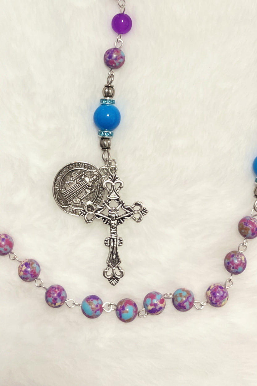 Purple Sea Sediment Jasper & Cobalt Blue Glass Rosary