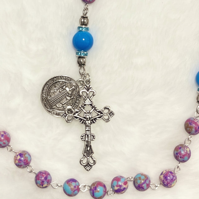 Purple Sea Sediment Jasper & Cobalt Blue Glass Rosary