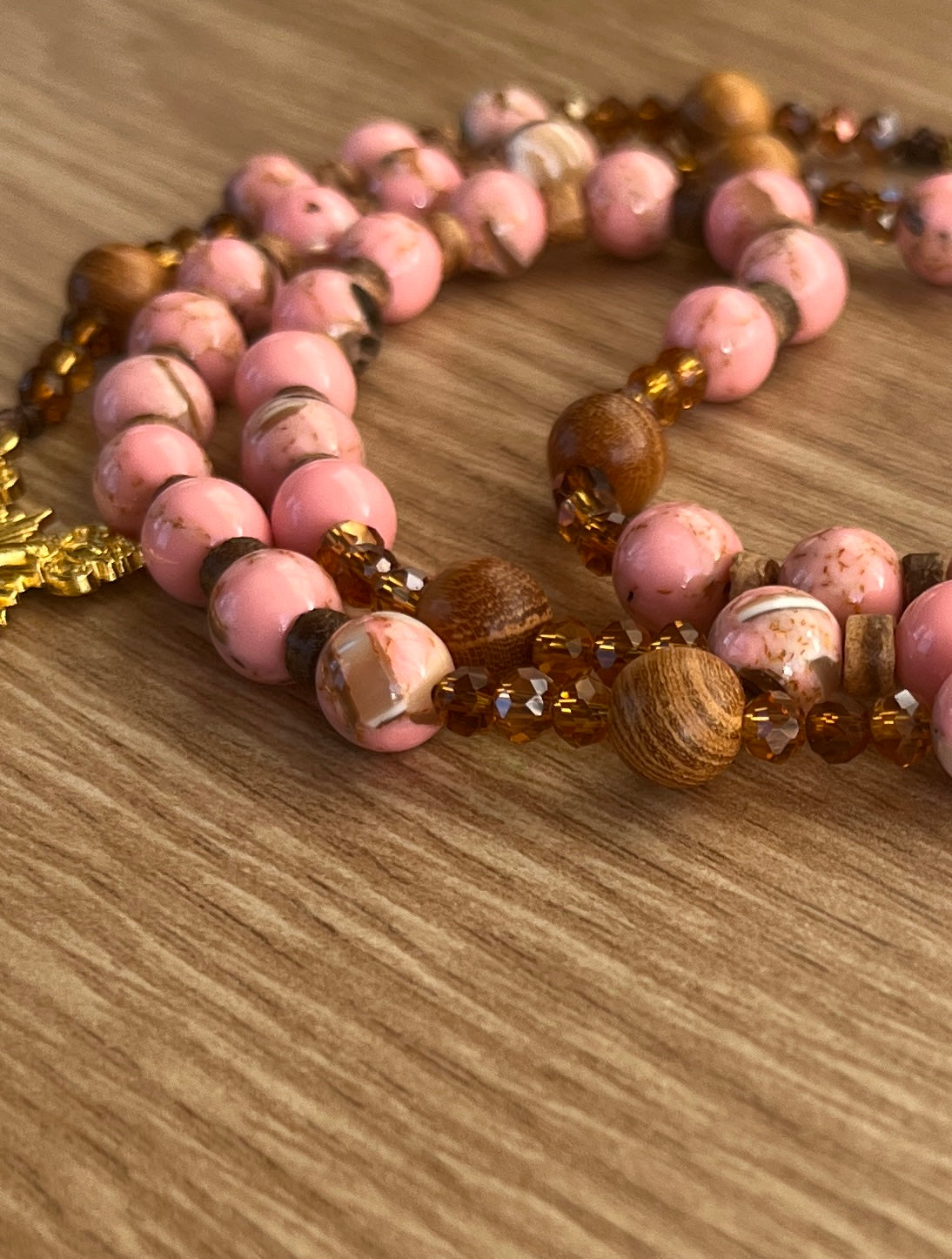 Pink Rhodonite Stone & Natural Wood Traditional Rosary