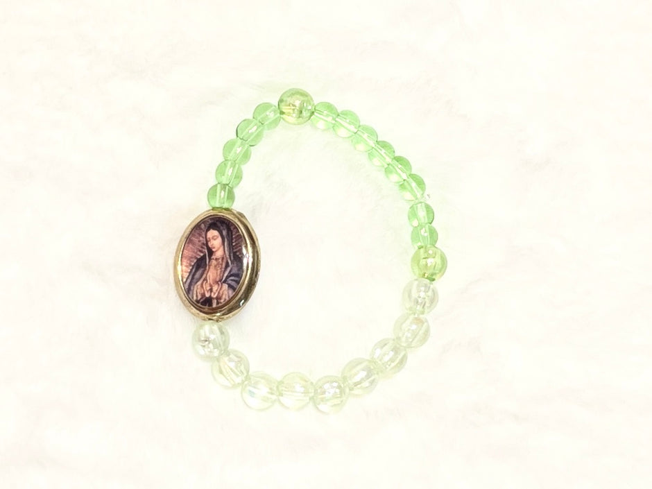 Mint & Frost Glass Stretch Rosary Bracelet - Guadalupe Medal