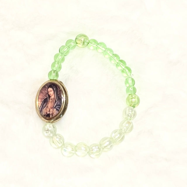 Mint & Frost Glass Stretch Rosary Bracelet - Guadalupe Medal