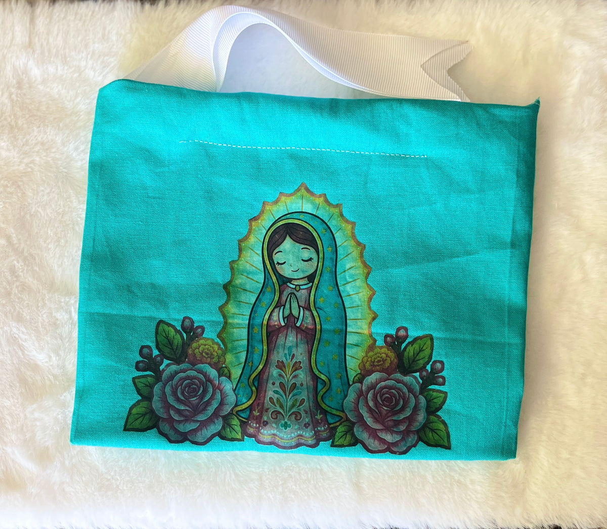 Our Lady of Guadalupe Teal Fabric Rosary Pouch & Gift Bag