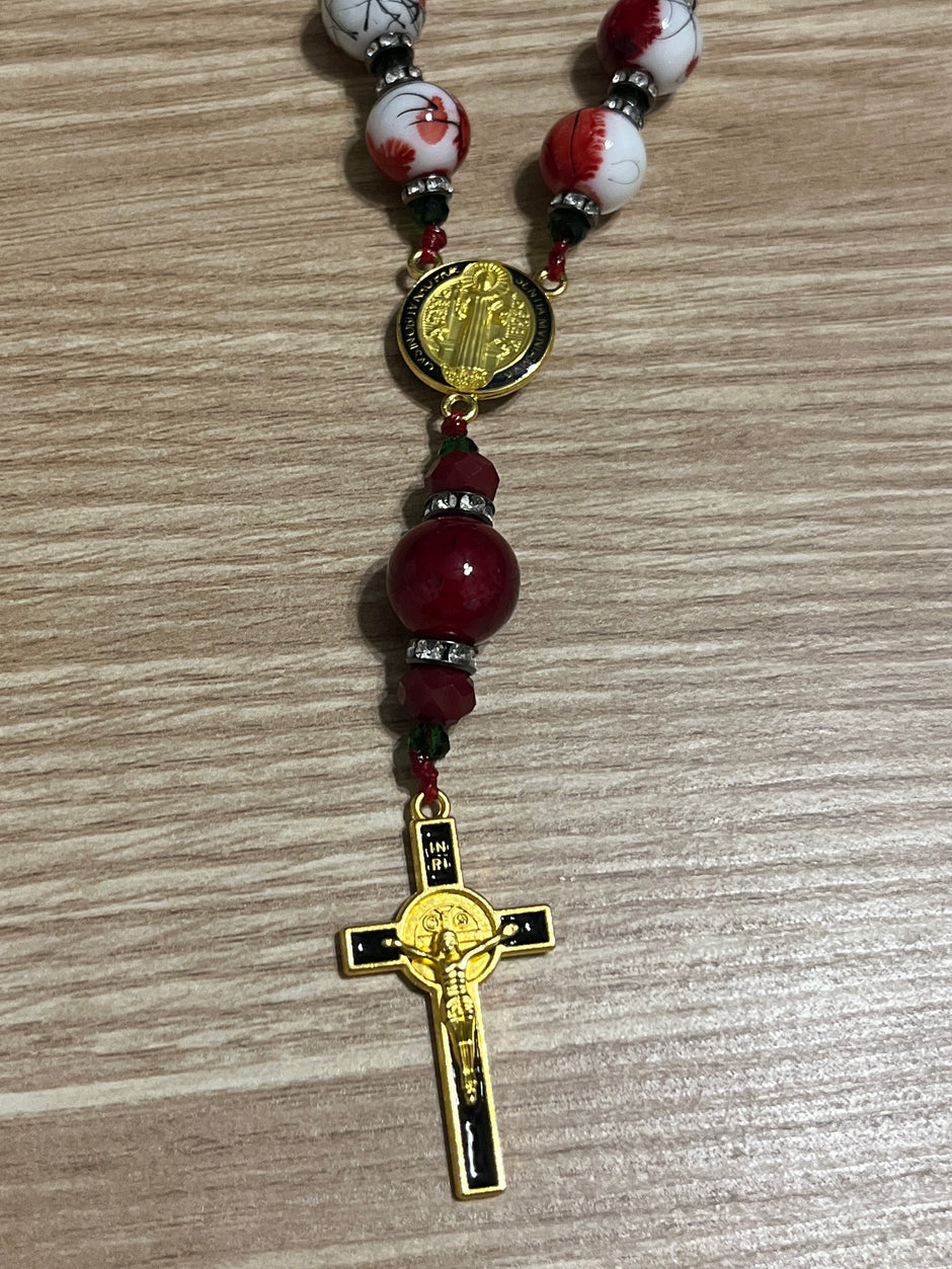 Crimson Flower Glass Pocket Rosary - Black Enamel Gold Cross