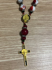 Crimson Flower Glass Pocket Rosary - Black Enamel Gold Cross