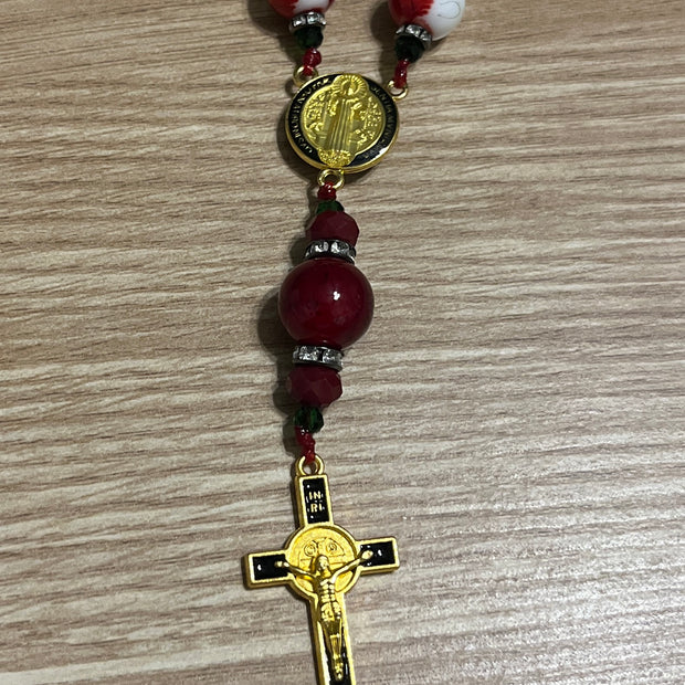 Crimson Flower Glass Pocket Rosary - Black Enamel Gold Cross