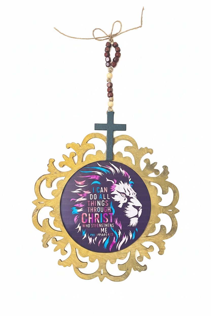 Philippians 4:13 Lion Scripture Wall Plaque with Rosary Hanger