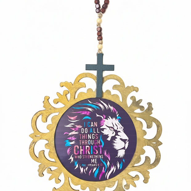 Philippians 4:13 Lion Scripture Wall Plaque with Rosary Hanger