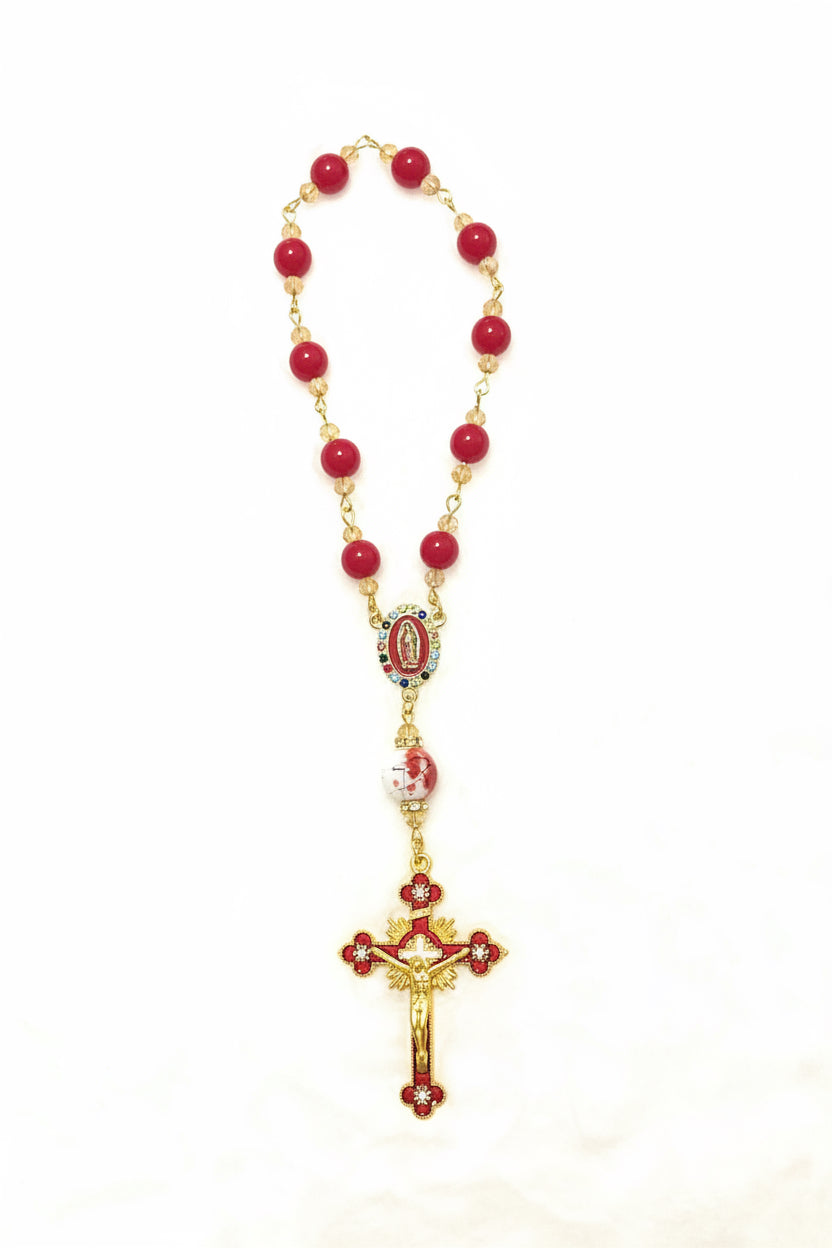 Crimson & Champagne Pocket Rosary - Enamel Sunburst Crucifix
