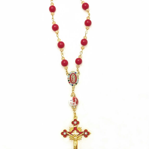 Crimson & Champagne Pocket Rosary - Enamel Sunburst Crucifix