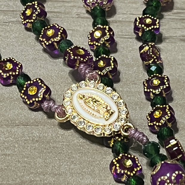 Royal Purple Flower & Emerald Crystal Traditional Rosary