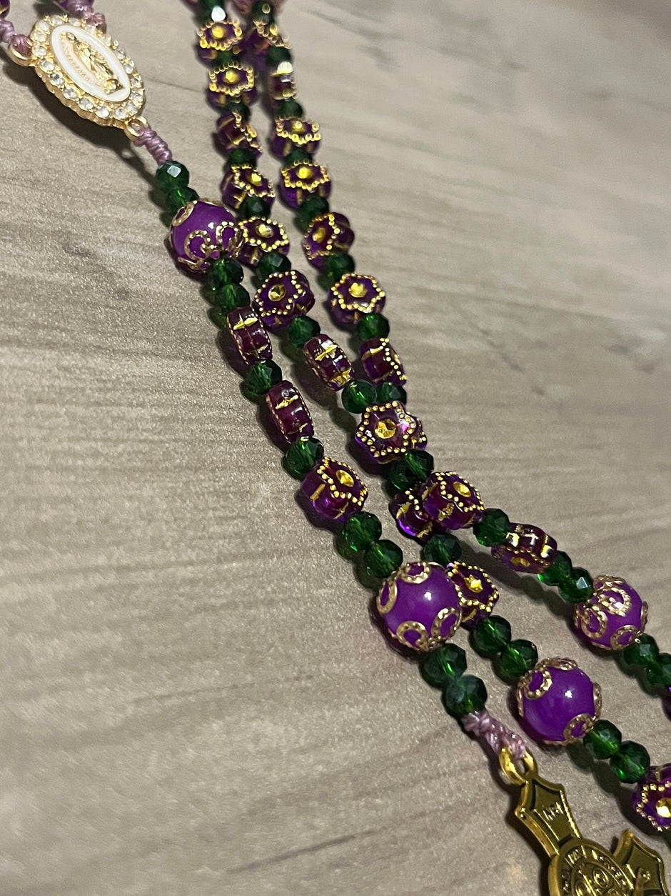 Royal Purple Flower & Emerald Crystal Traditional Rosary