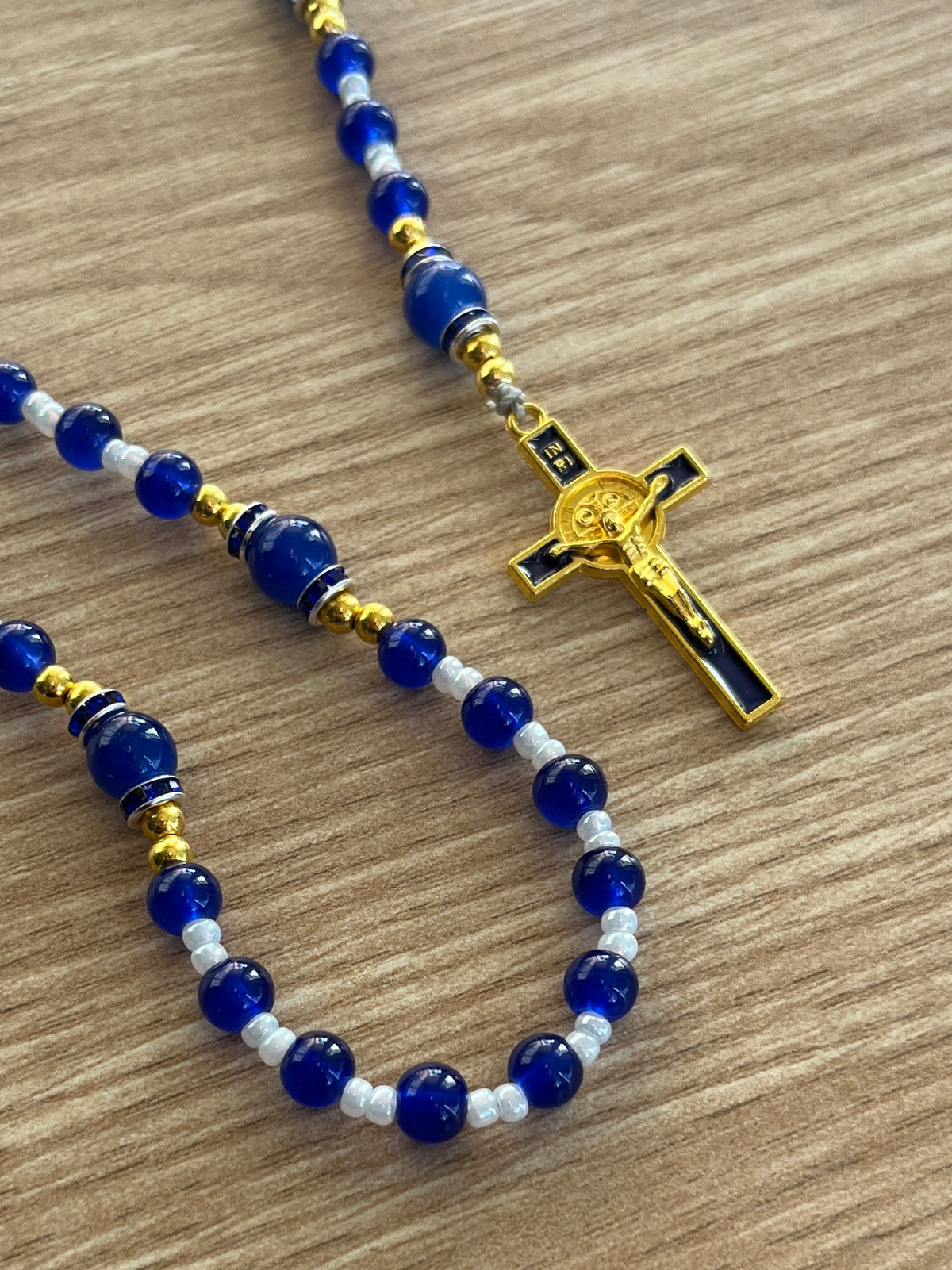 Cobalt Blue & White Glass Traditional Rosary - Blue Enamel Gold Cross