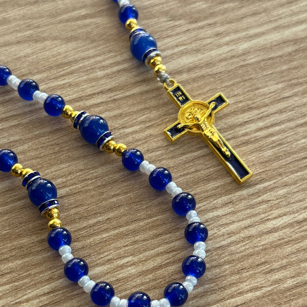 Cobalt Blue & White Glass Traditional Rosary - Blue Enamel Gold Cross