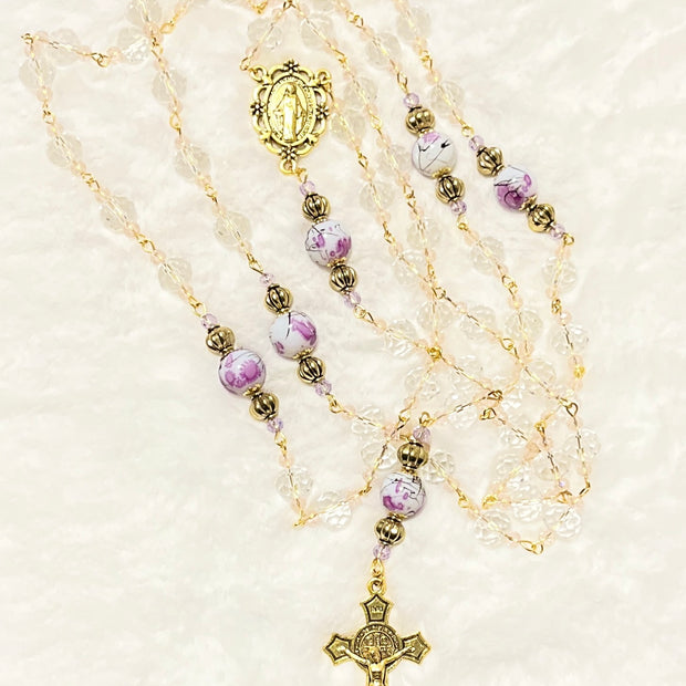 Clear Faceted Crystal & Purple Floral Porcelain Rosary