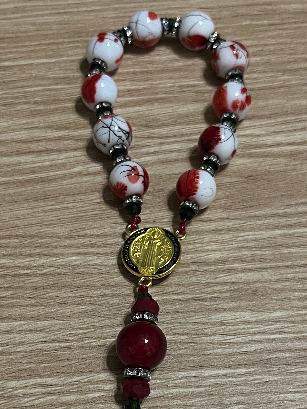 Crimson Flower Glass Pocket Rosary - Black Enamel Gold Cross