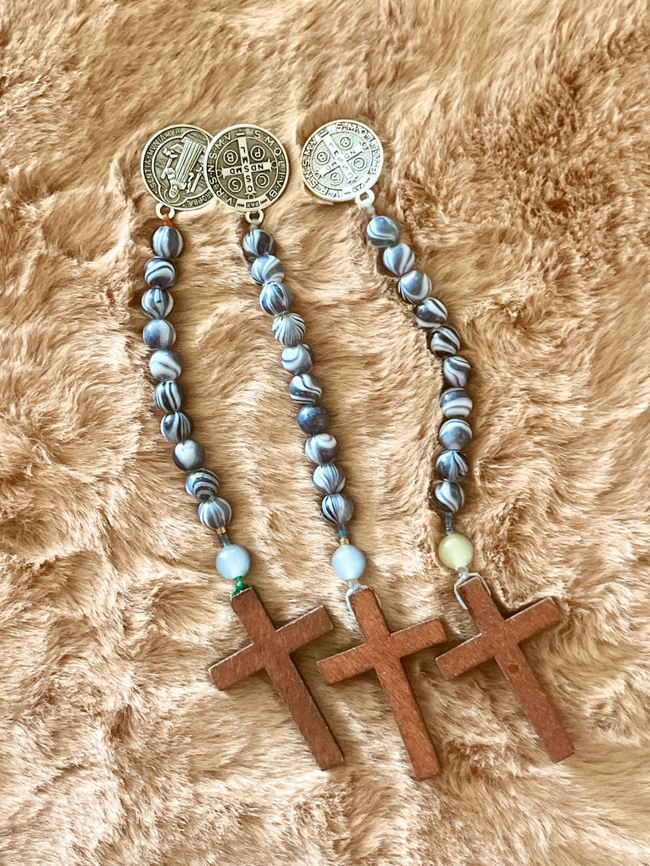 Assorted Marble & Candy Swirl Pocket Rosary - Wood Cross