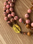 Pink Rhodonite Stone & Natural Wood Traditional Rosary