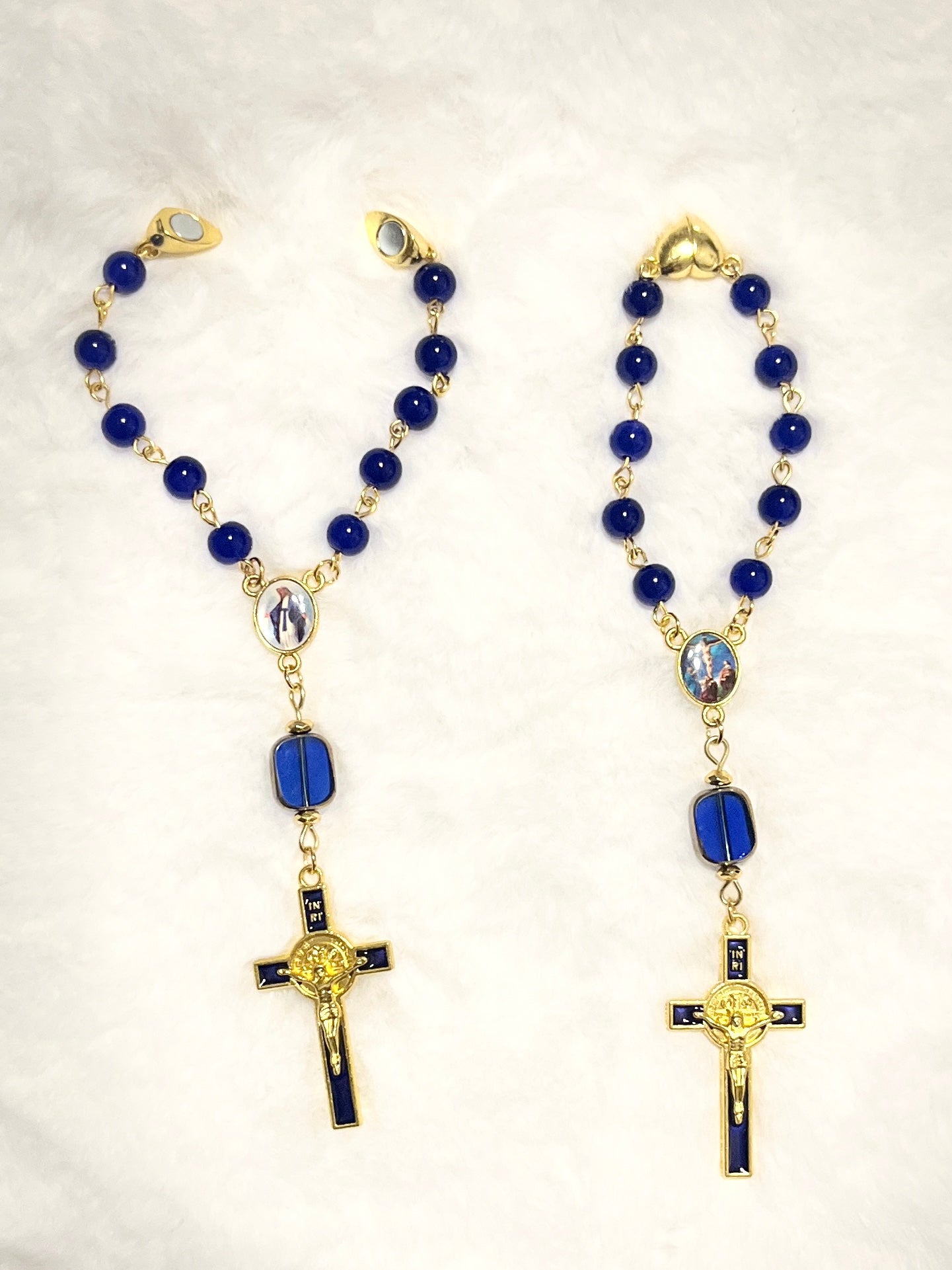 Cobalt Blue Glass Pocket Rosary - Magnetic Clasp & Blue Enamel Cross