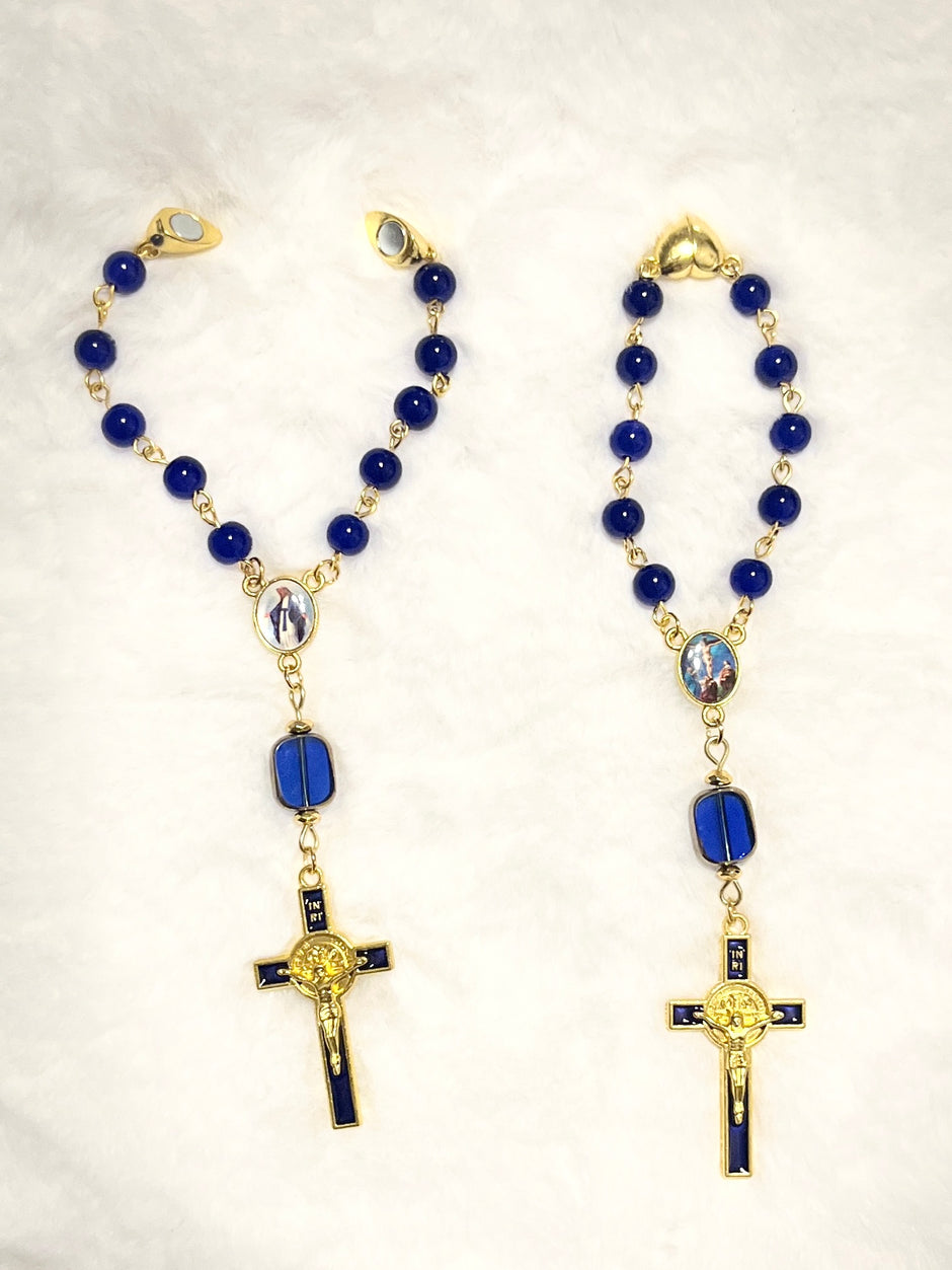 Cobalt Blue Glass Pocket Rosary - Magnetic Clasp & Blue Enamel Cross
