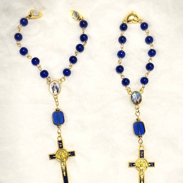 Cobalt Blue Glass Pocket Rosary - Magnetic Clasp & Blue Enamel Cross