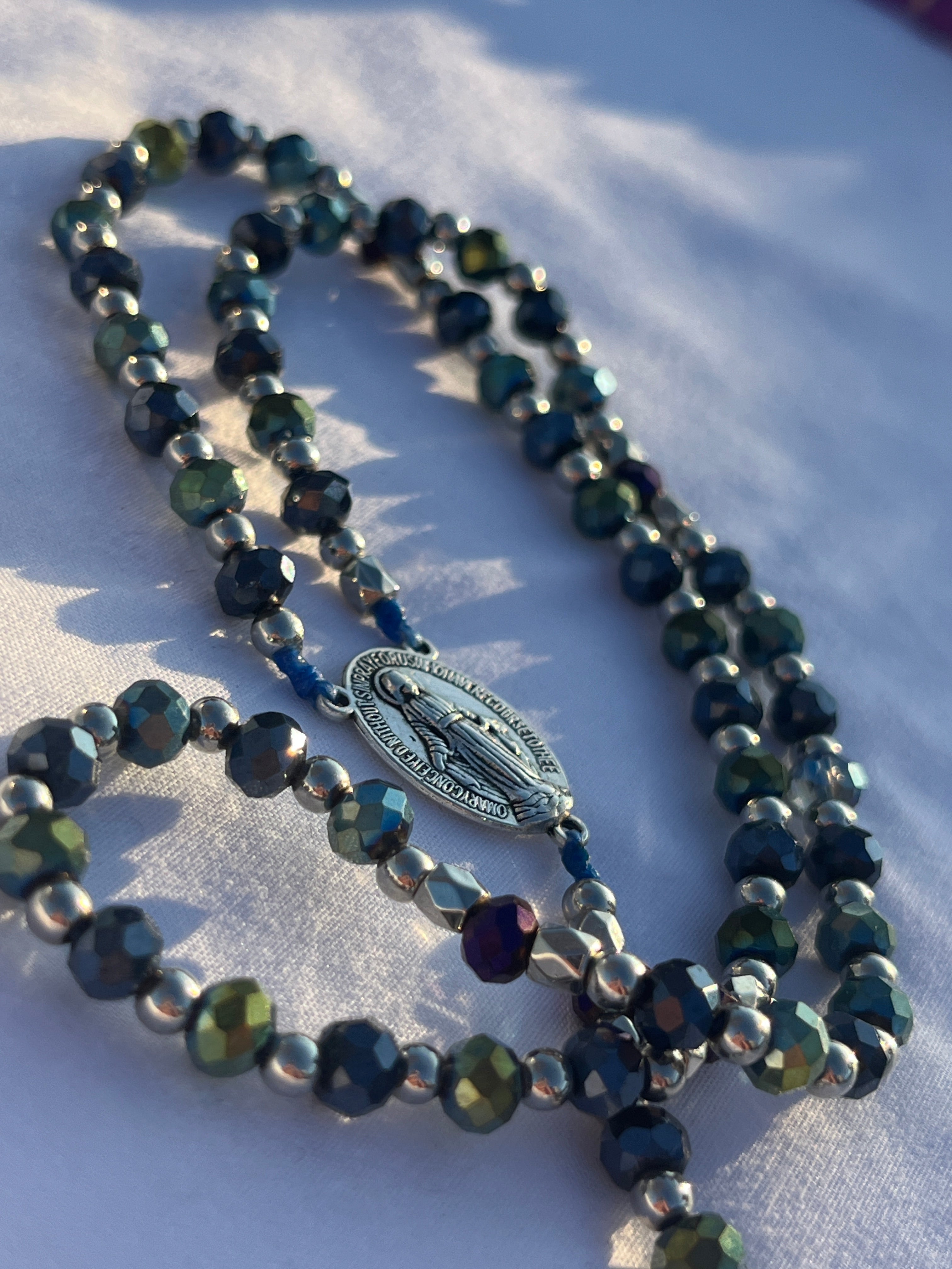 Iridescent Hematite Glass Rosary with Celtic Crucifix