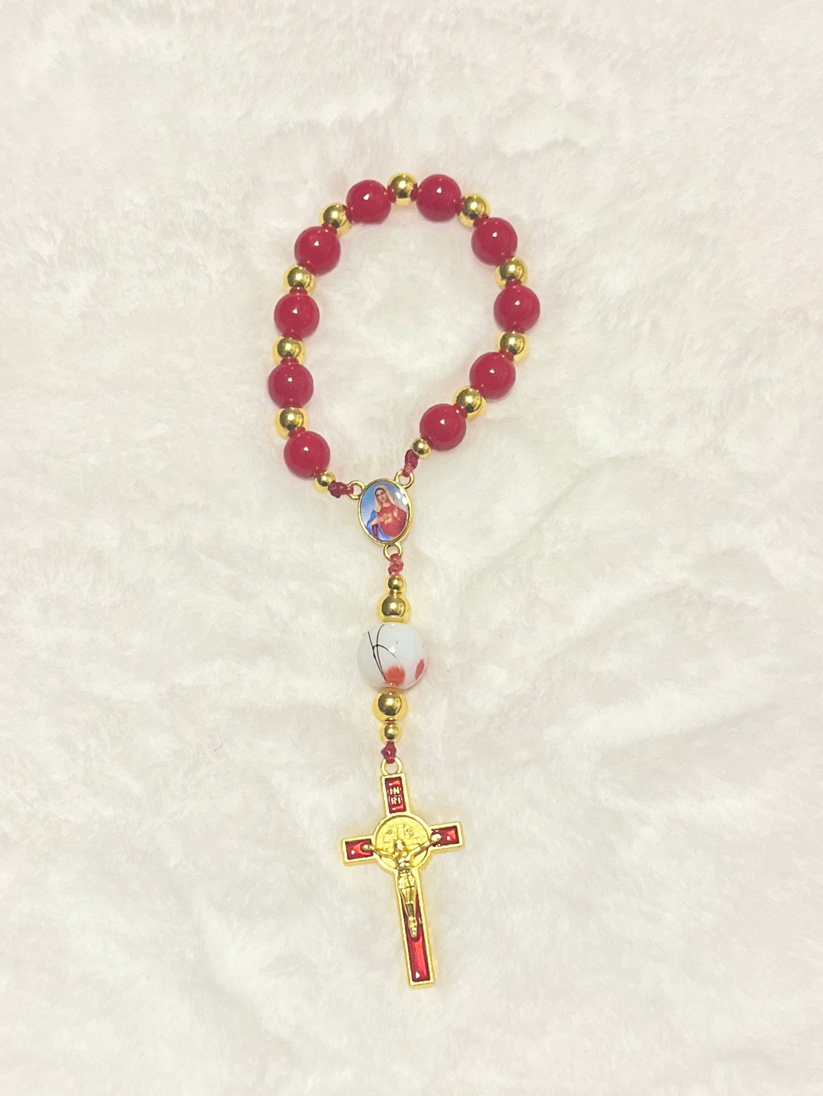 Cherry Red Glass & Floral Porcelain Pocket Rosary - Red Enamel Cross