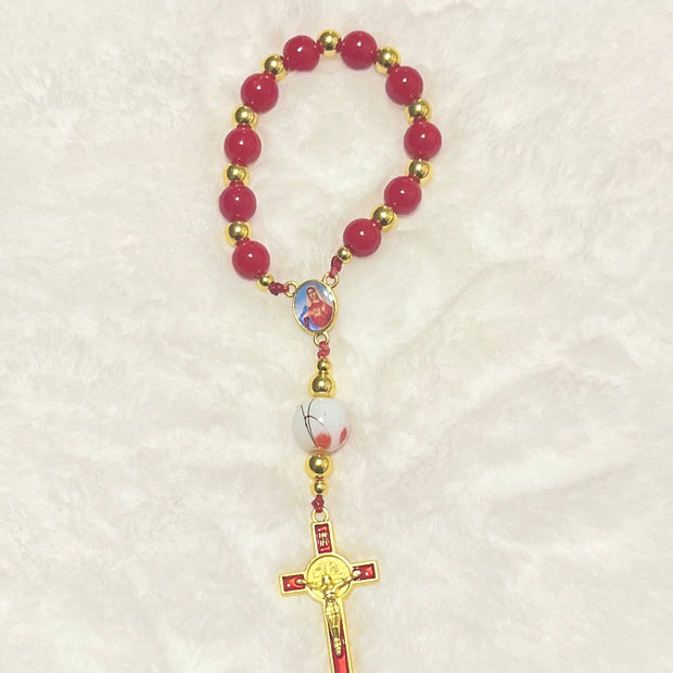 Cherry Red Glass & Floral Porcelain Pocket Rosary - Red Enamel Cross