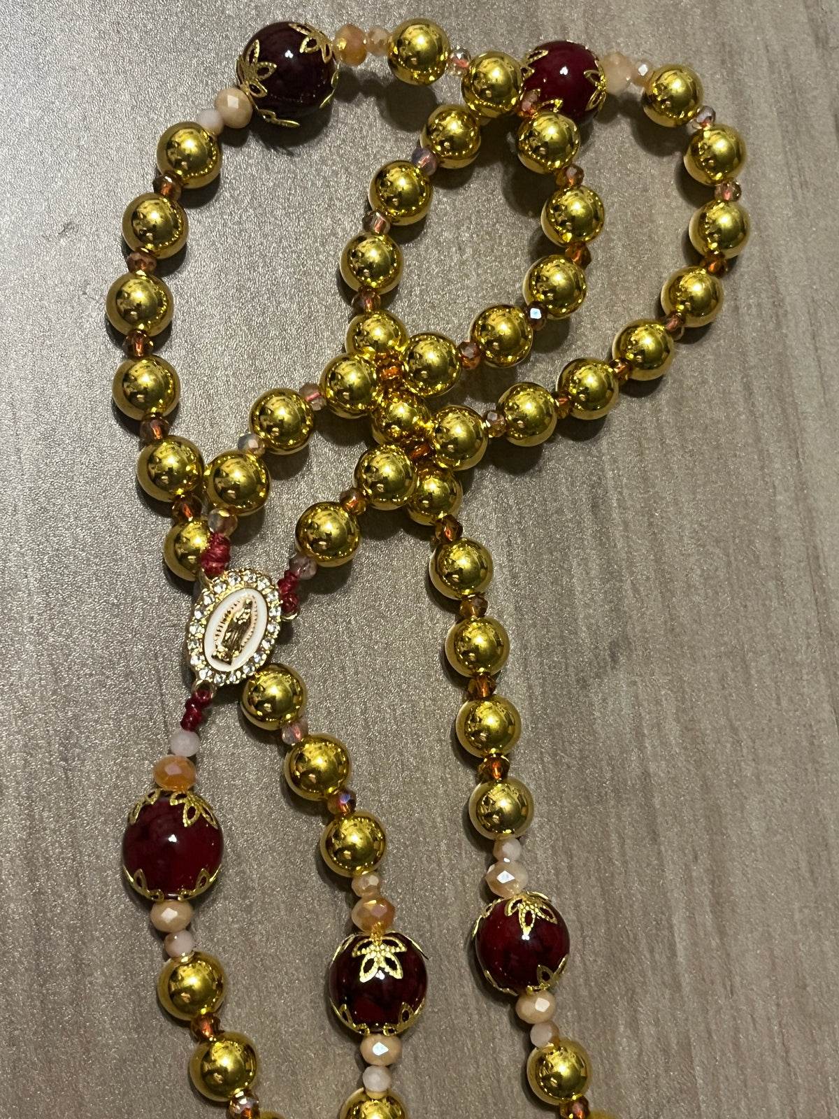 Gold-Plated Hail Mary & Crimson Glass Traditional Rosary