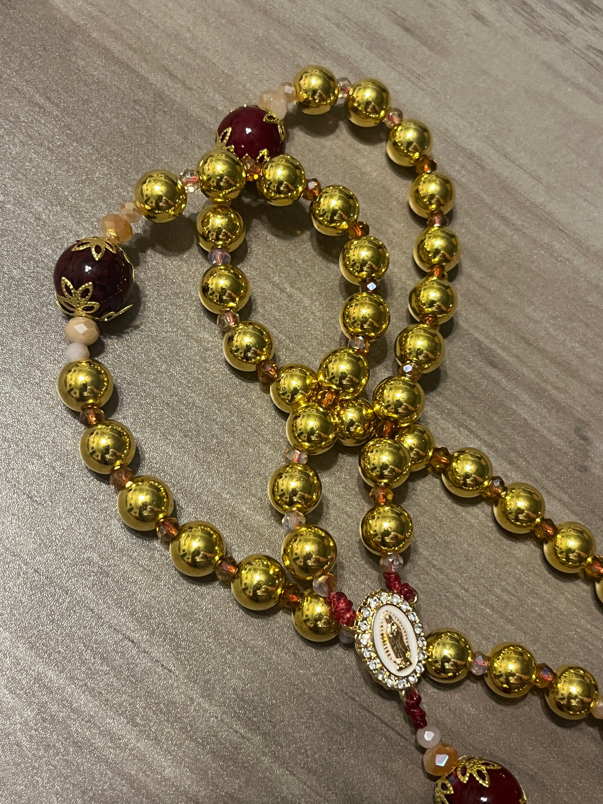 Gold-Plated Hail Mary & Crimson Glass Traditional Rosary