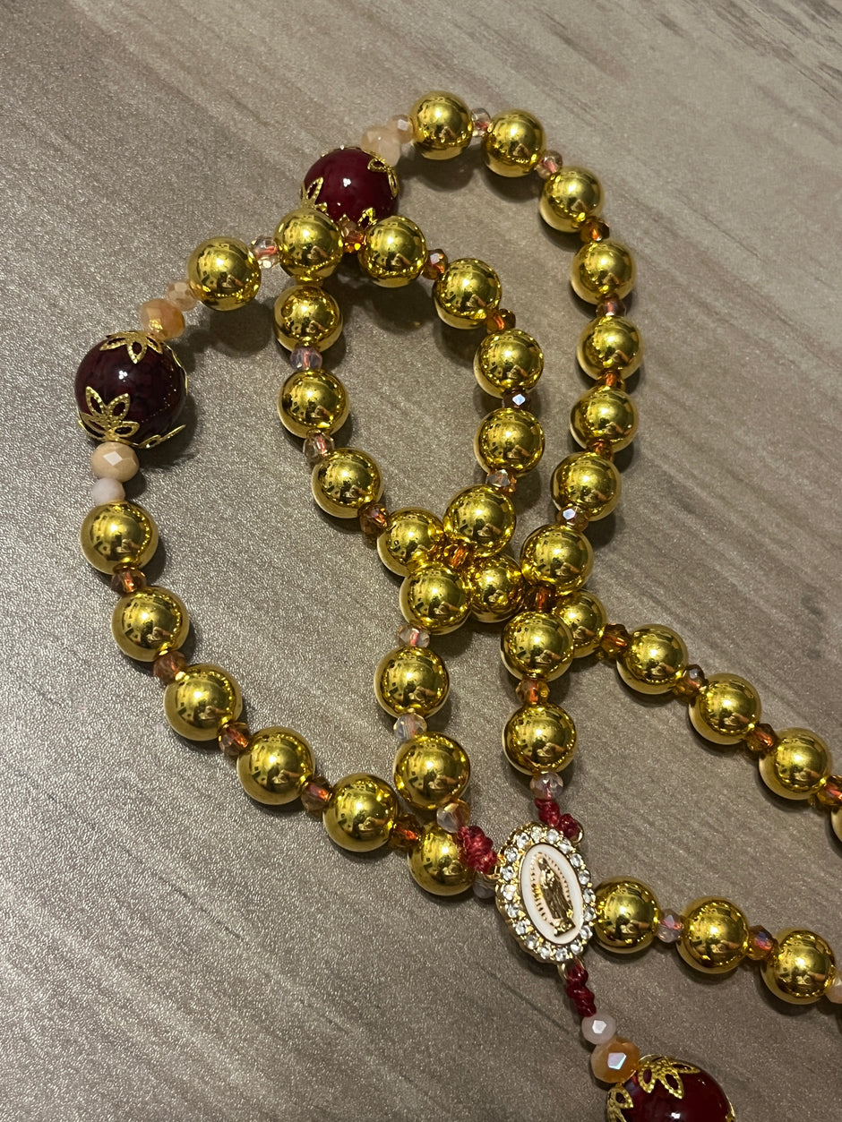 Gold-Plated Hail Mary & Crimson Glass Traditional Rosary