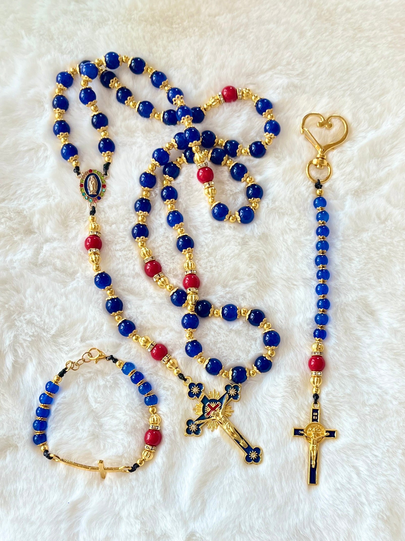 Cobalt & Crimson 3-Piece Rosary, Bracelet & Keychain Gift Set